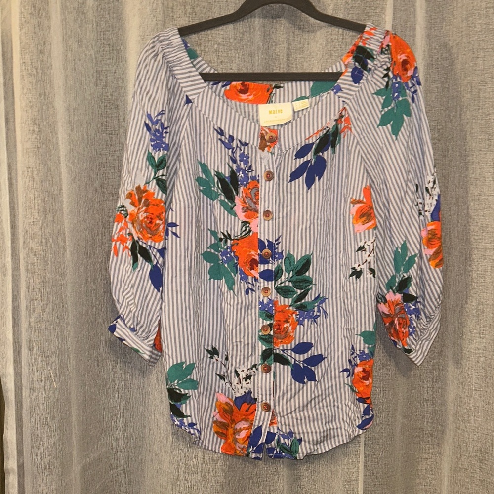 Anthropologie Maeve Lilorne Floral Boho Button Down Top US 2